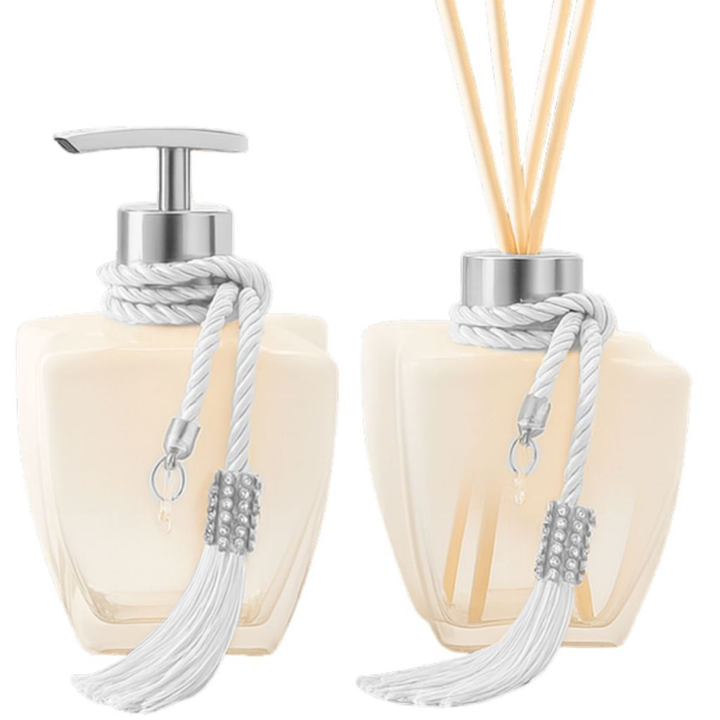 Kit Vidros Banheiro Luxo Degradê Branco Completo com Porta Sabonete Líquido e Difusor de Ambiente Elegante