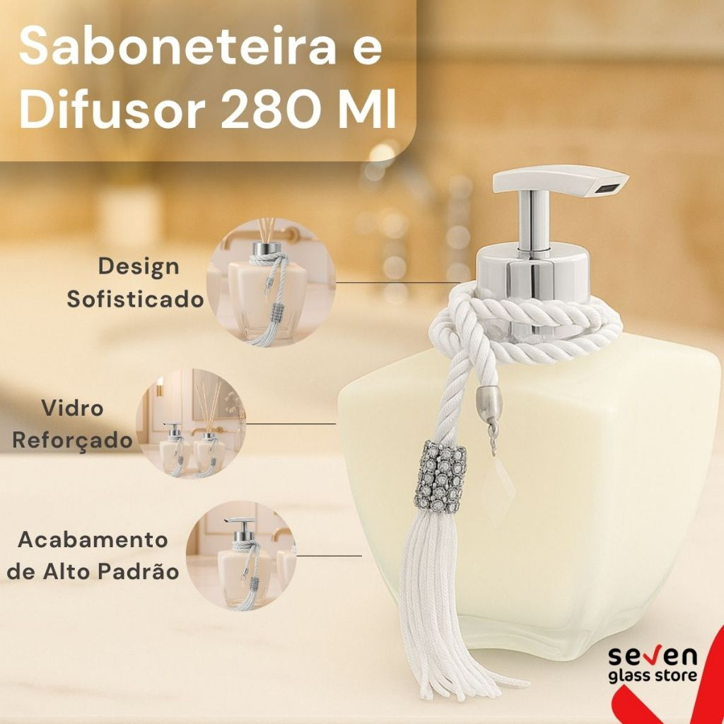 Kit Vidros Banheiro Luxo Degradê Branco Completo com Porta Sabonete Líquido e Difusor de Ambiente Elegante