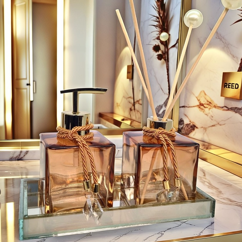 Kit Lavabo Vidro Luxo Com Bandeja Branco Vidro Ambar Banheiro Aroma Difusor