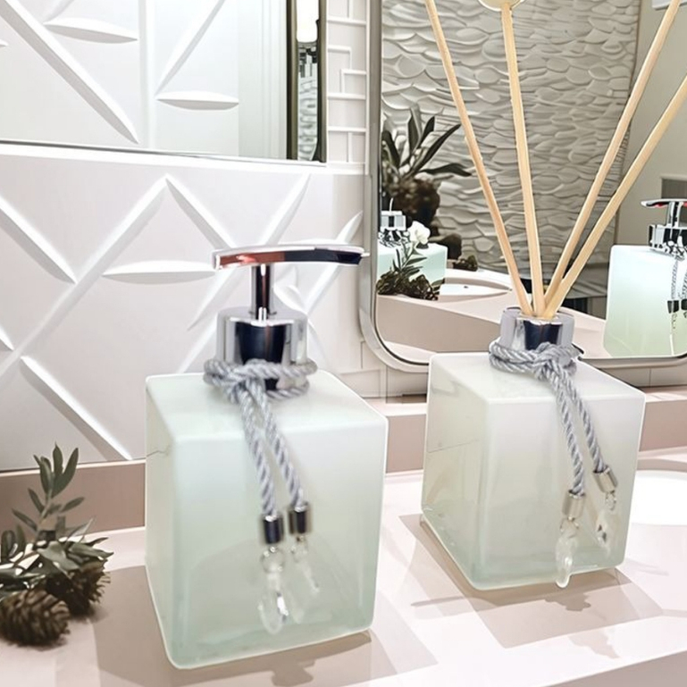 Kit Lavabo Vidro Luxo Com Bandeja Branco Vidro Ambar Banheiro Aroma Difusor