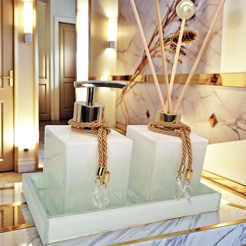 Kit Lavabo Vidro Luxo Com Bandeja Branco Vidro Ambar Banheiro Aroma Difusor