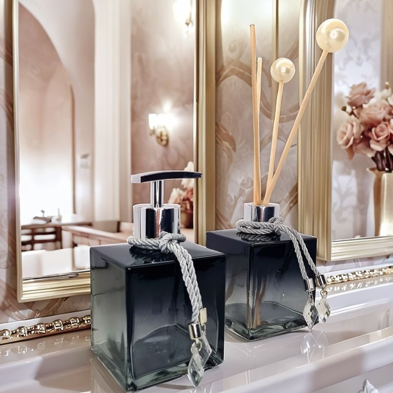 Kit Lavabo Vidro Luxo Com Bandeja Branco Vidro Ambar Banheiro Aroma Difusor