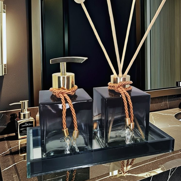 Kit Lavabo Vidro Luxo Com Bandeja Branco Vidro Ambar Banheiro Aroma Difusor