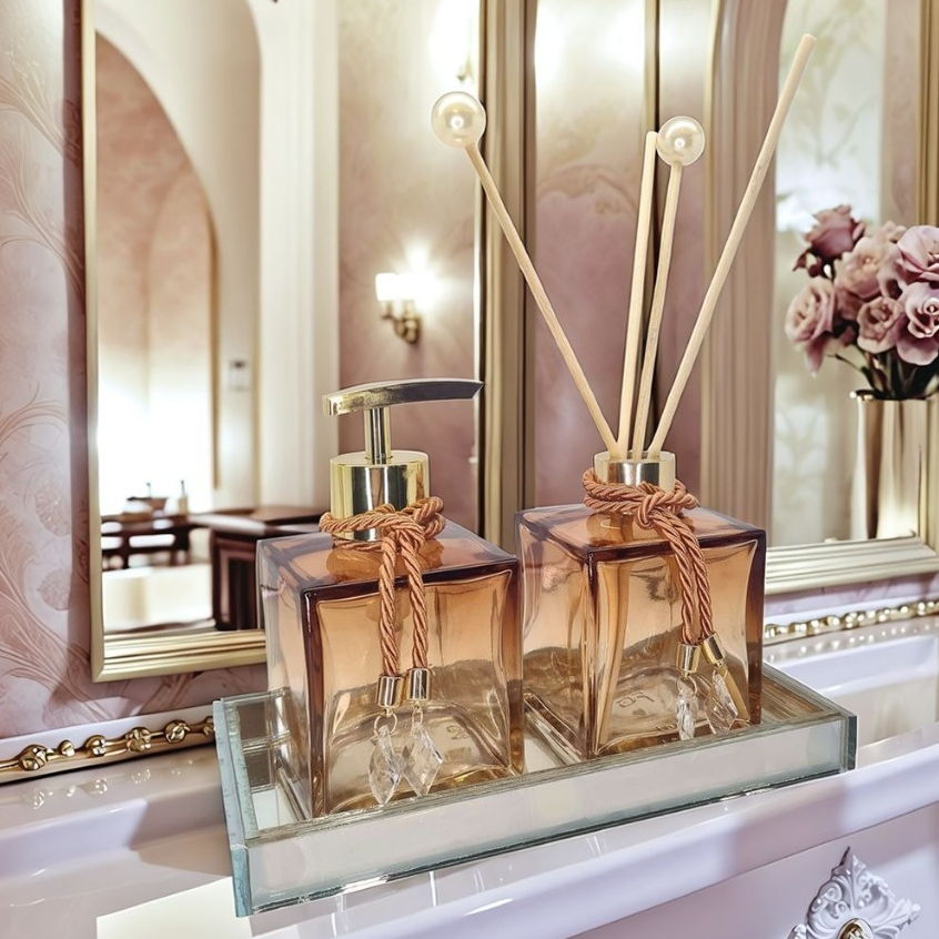 Kit Lavabo Vidro Luxo Com Bandeja Branco Vidro Ambar Banheiro Aroma Difusor