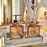 Kit Lavabo Vidro Luxo Com Bandeja Branco Vidro Ambar Banheiro Aroma Difusor