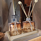 Kit Lavabo Vidro Luxo Com Bandeja Branco Vidro Ambar Banheiro Aroma Difusor