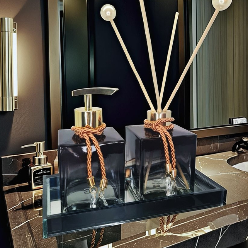 Kit Lavabo Vidro Luxo Com Bandeja Branco Vidro Ambar Banheiro Aroma Difusor
