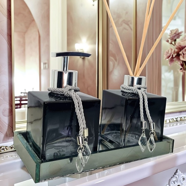 Kit Lavabo Vidro Luxo Com Bandeja Branco Vidro Ambar Banheiro Aroma Difusor