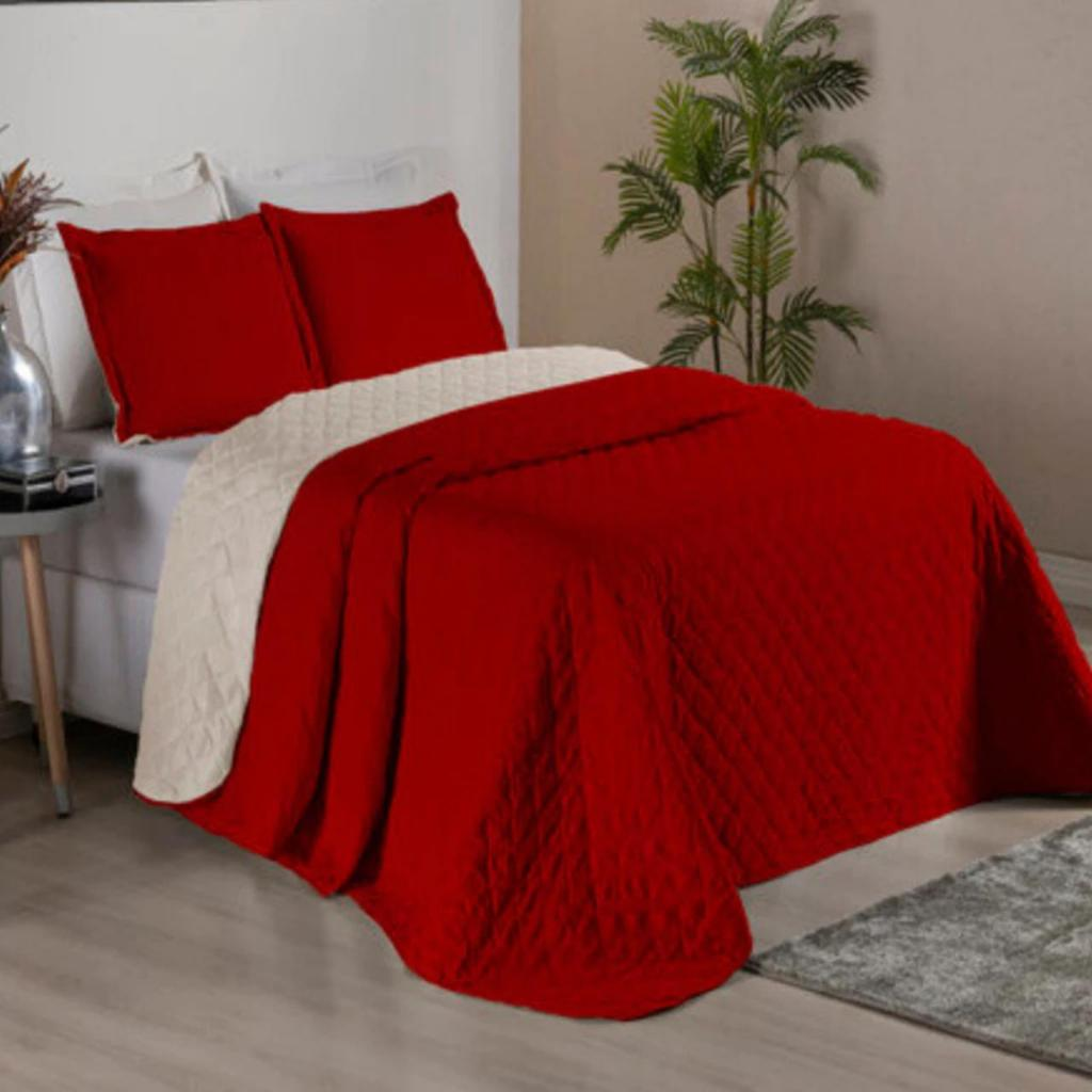 Kit Colcha Cobre Leito Casal Dupla Face 3 Peças Estampada Porta Travesseiro 100% Poliéster