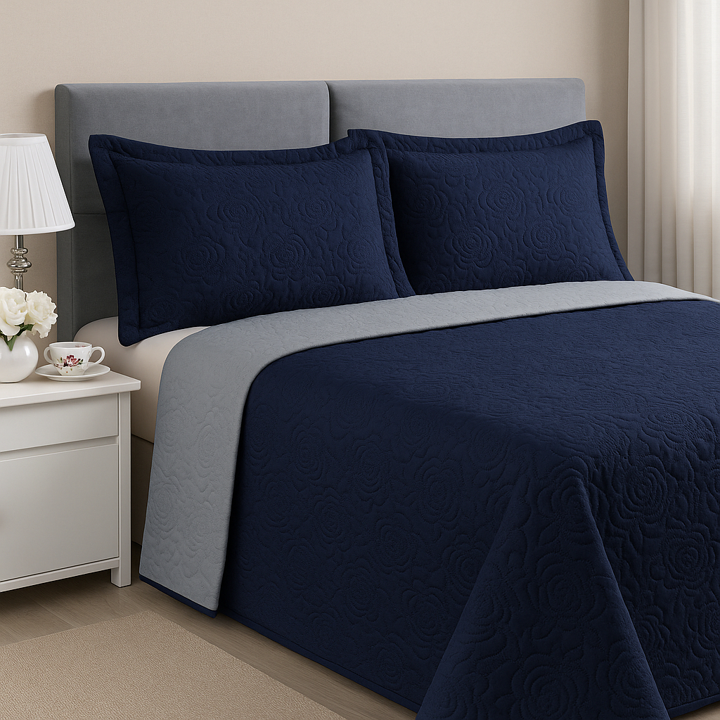 Kit Colcha Cobre Leito Casal Dupla Face 3 Peças Estampada Porta Travesseiro 100% Poliéster