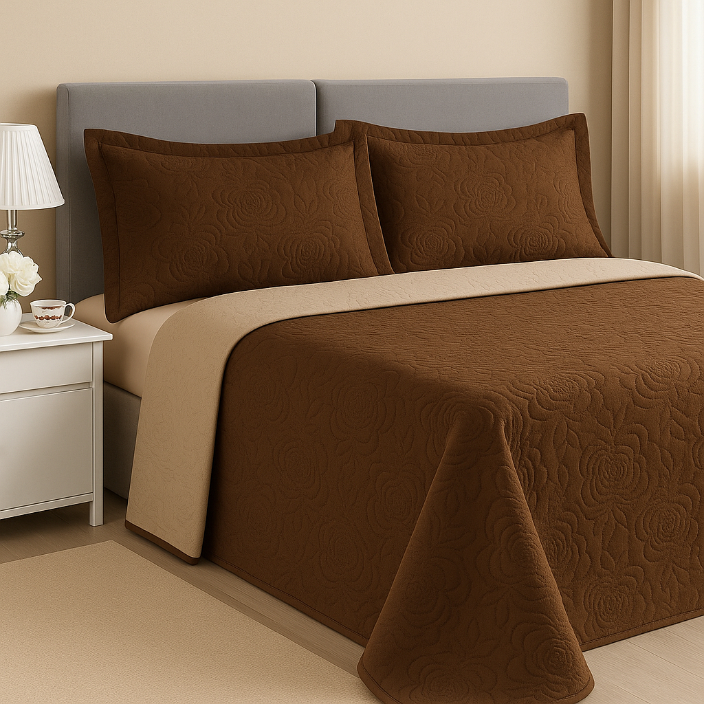 Kit Colcha Cobre Leito Casal Dupla Face 3 Peças Estampada Porta Travesseiro 100% Poliéster