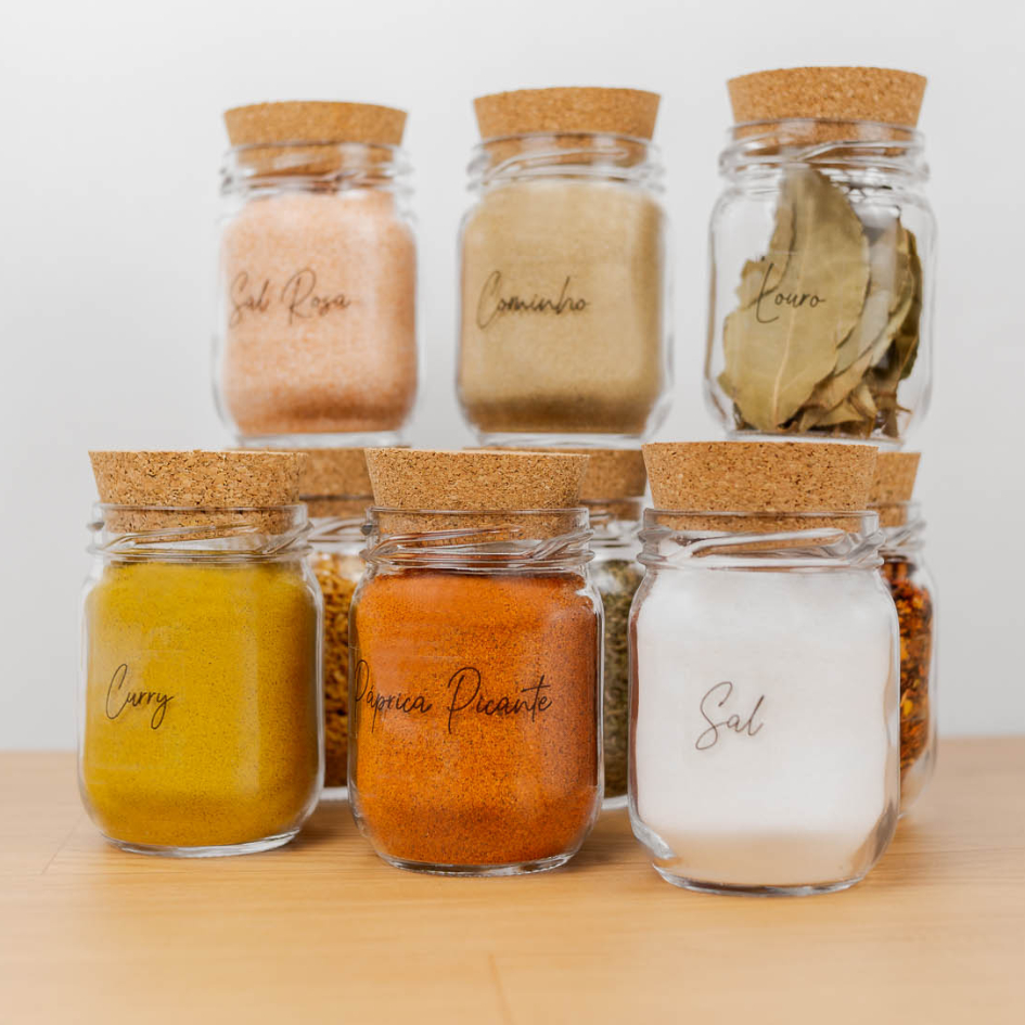 Kit 10 Potes de Tempero Vidro 200ml + Cartela de Temperos com 28 Adesivos Opcional | ESCOLHA SEU KIT