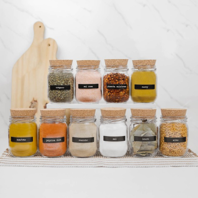 Kit 10 Potes de Tempero Vidro 200ml + Cartela de Temperos com 28 Adesivos Opcional | ESCOLHA SEU KIT