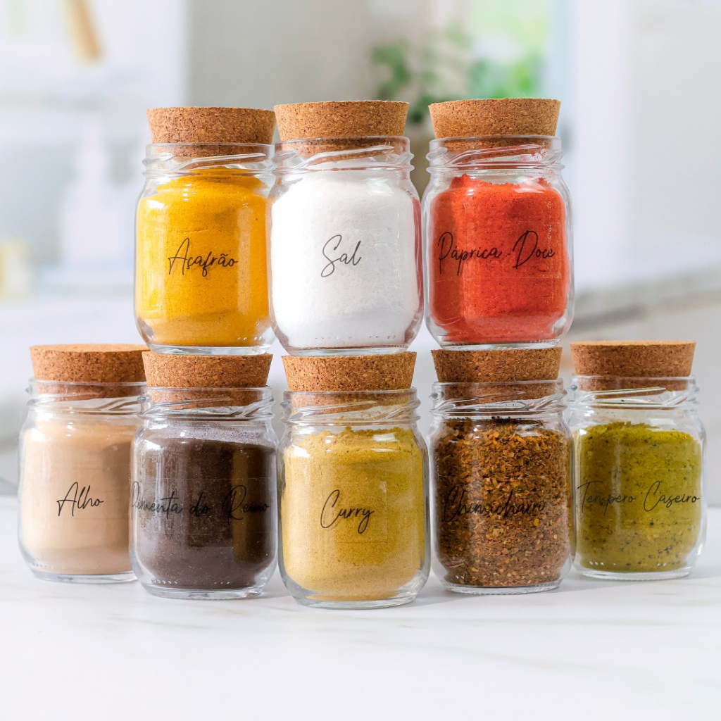 Kit 10 Potes de Tempero Vidro 200ml + Cartela de Temperos com 28 Adesivos Opcional | ESCOLHA SEU KIT
