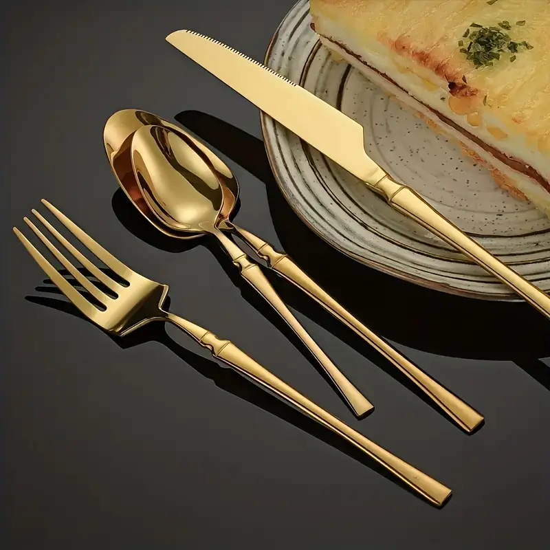 24 Peças Talheres Dourado de Aço Inox Garfo Colher Faca Colher De Mesa