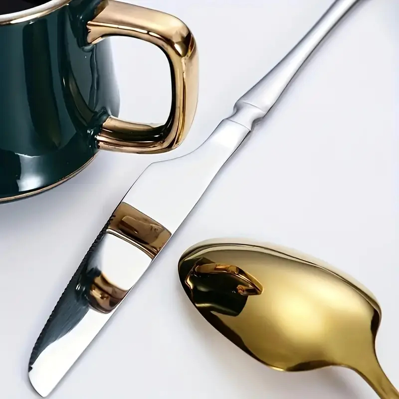 24 Peças Talheres Dourado de Aço Inox Garfo Colher Faca Colher De Mesa