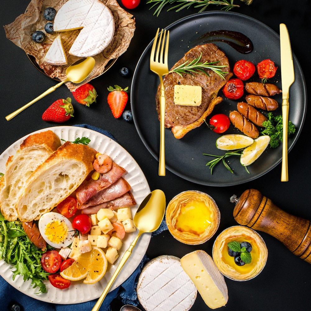 24 Peças Talheres Dourado de Aço Inox Garfo Colher Faca Colher De Mesa