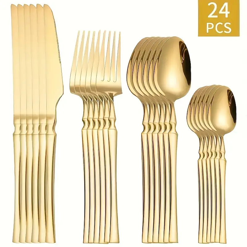 24 Peças Talheres Dourado de Aço Inox Garfo Colher Faca Colher De Mesa