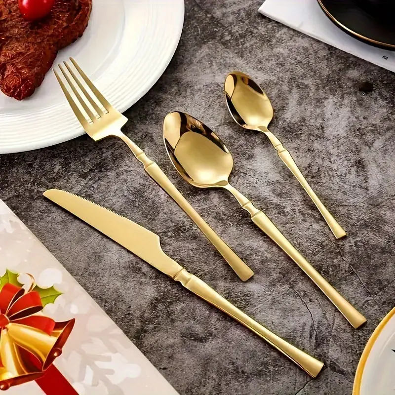 24 Peças Talheres Dourado de Aço Inox Garfo Colher Faca Colher De Mesa