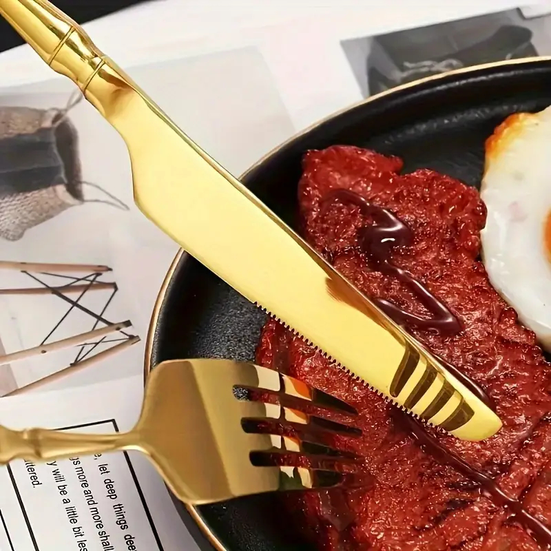 24 Peças Talheres Dourado de Aço Inox Garfo Colher Faca Colher De Mesa