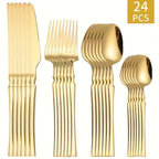 24 Peças Talheres Dourado de Aço Inox Garfo Colher Faca Colher De Mesa