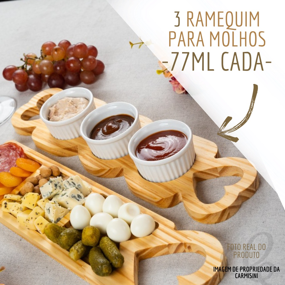 Petisqueira de Madeira Kit Petisqueira para Molhos com Trio de Ramequin de Porcelana Branca