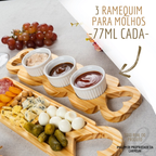 Petisqueira de Madeira Kit Petisqueira para Molhos com Trio de Ramequin de Porcelana Branca