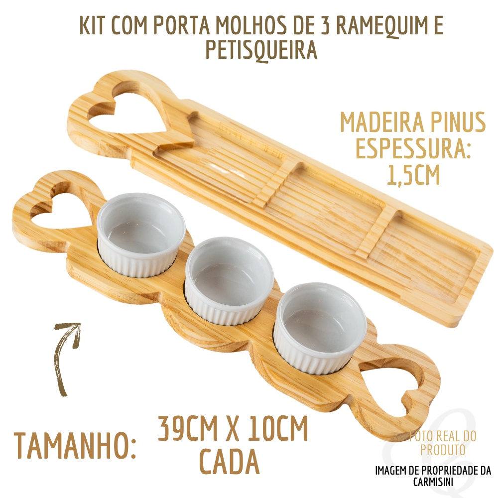 Petisqueira de Madeira Kit Petisqueira para Molhos com Trio de Ramequin de Porcelana Branca