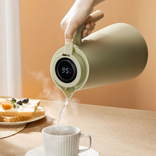 Garrafa Térmica Termômetro Digital 1L Café Chá Nórdica Com Cabo De Madeira