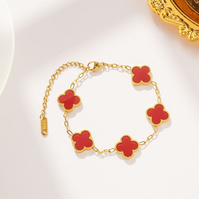 Pulseira trevo de quatro folhas com pérolas dupla face e cinco flores em aço titânio 18K que não desbota