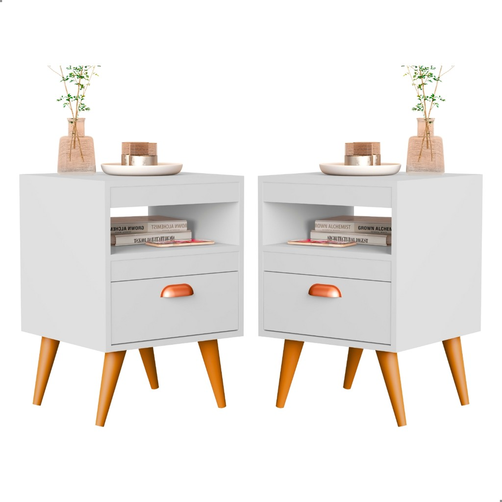 Kit 2 Mesa De Cabeceira Para Quarto Com Pés e Gaveta Com Nicho Criado Com 2 Unidades Mesinha Canto