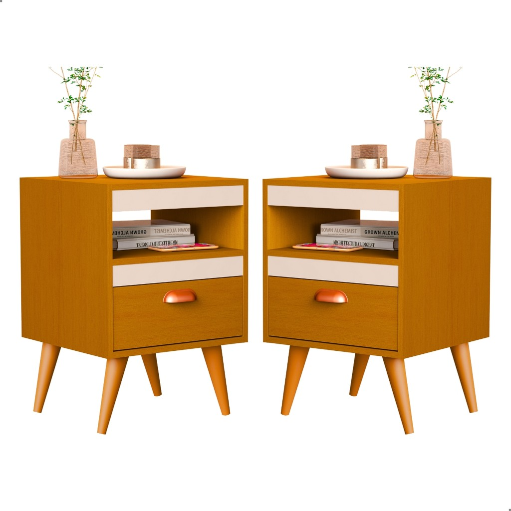 Kit 2 Mesa De Cabeceira Para Quarto Com Pés e Gaveta Com Nicho Criado Com 2 Unidades Mesinha Canto