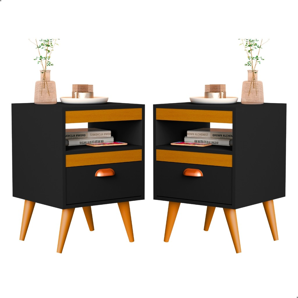 Kit 2 Mesa De Cabeceira Para Quarto Com Pés e Gaveta Com Nicho Criado Com 2 Unidades Mesinha Canto