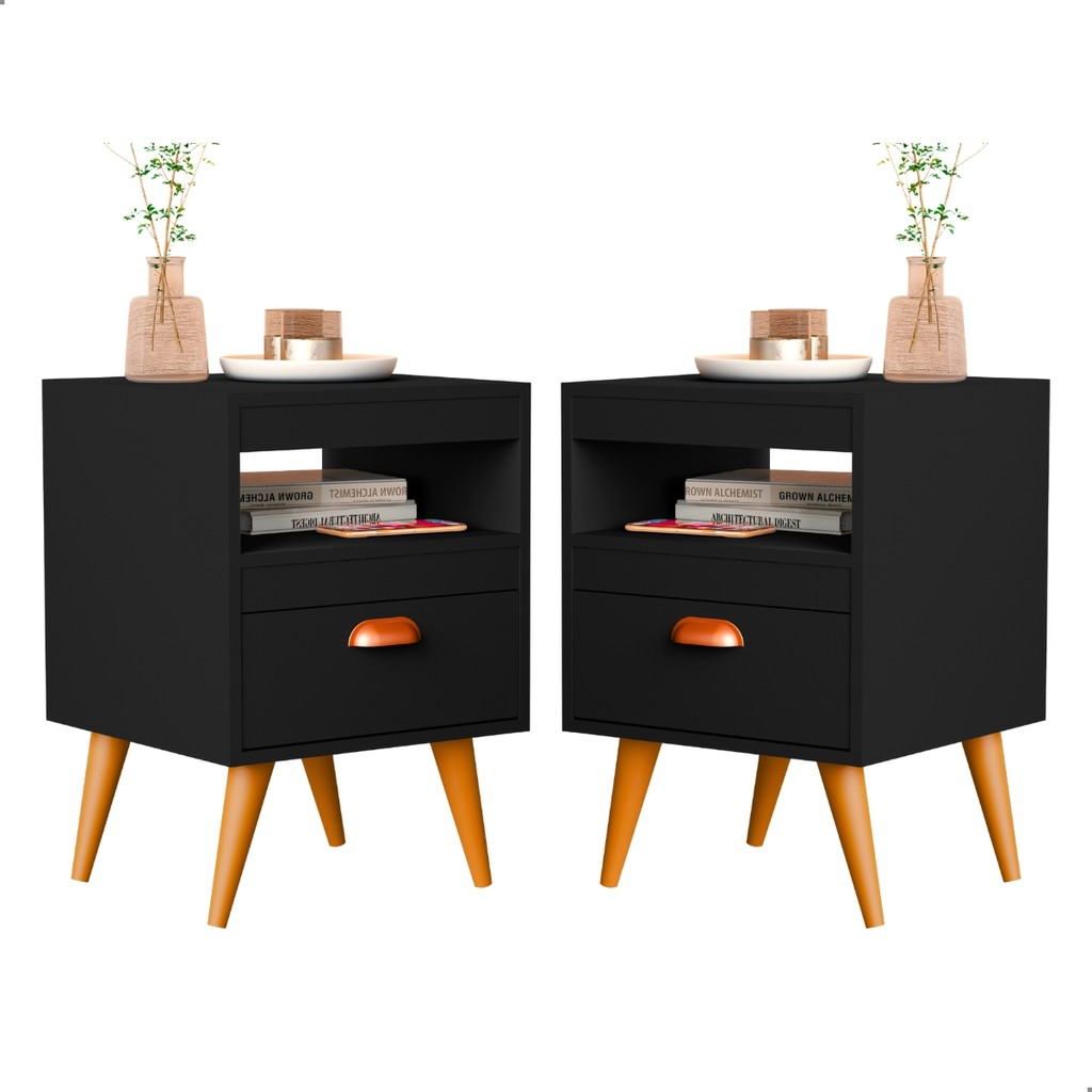 Kit 2 Mesa De Cabeceira Para Quarto Com Pés e Gaveta Com Nicho Criado Com 2 Unidades Mesinha Canto