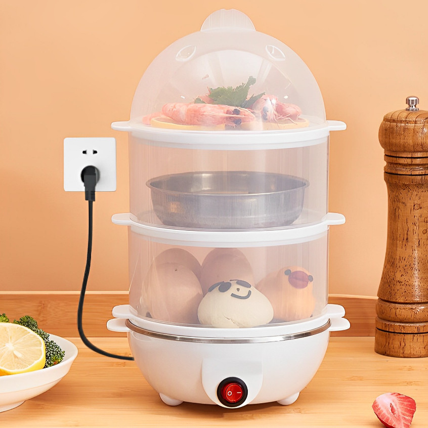 Cozedor Elétrico Multifuncional De Ovo Milho A Vapor De Leite Rápido De Tripla Camada Coze