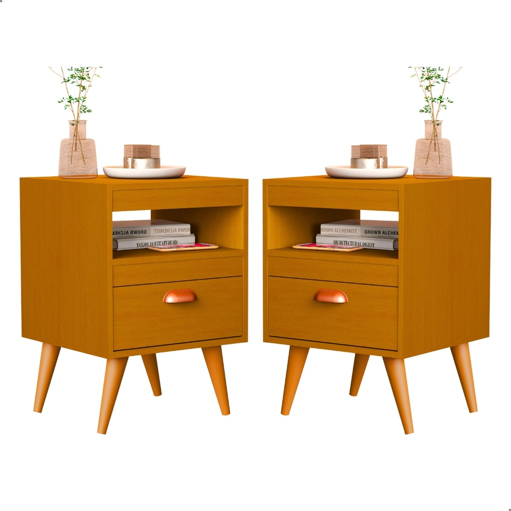Kit 2 Mesa De Cabeceira Para Quarto Com Pés e Gaveta Com Nicho Criado Com 2 Unidades Mesinha Canto
