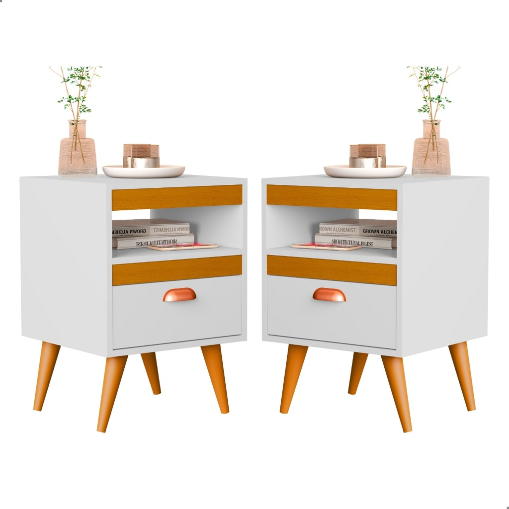 Kit 2 Mesa De Cabeceira Para Quarto Com Pés e Gaveta Com Nicho Criado Com 2 Unidades Mesinha Canto
