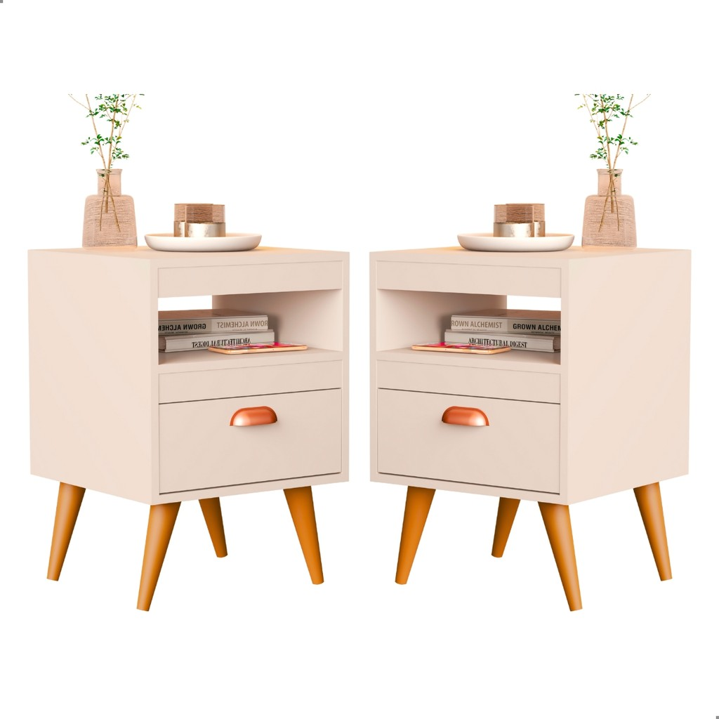 Kit 2 Mesa De Cabeceira Para Quarto Com Pés e Gaveta Com Nicho Criado Com 2 Unidades Mesinha Canto