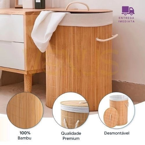 Cesto Roupa Bambu Retangular Redondo Com Tampa Cesto Oraganizador Roupa Suja Alças Banheiro Bege