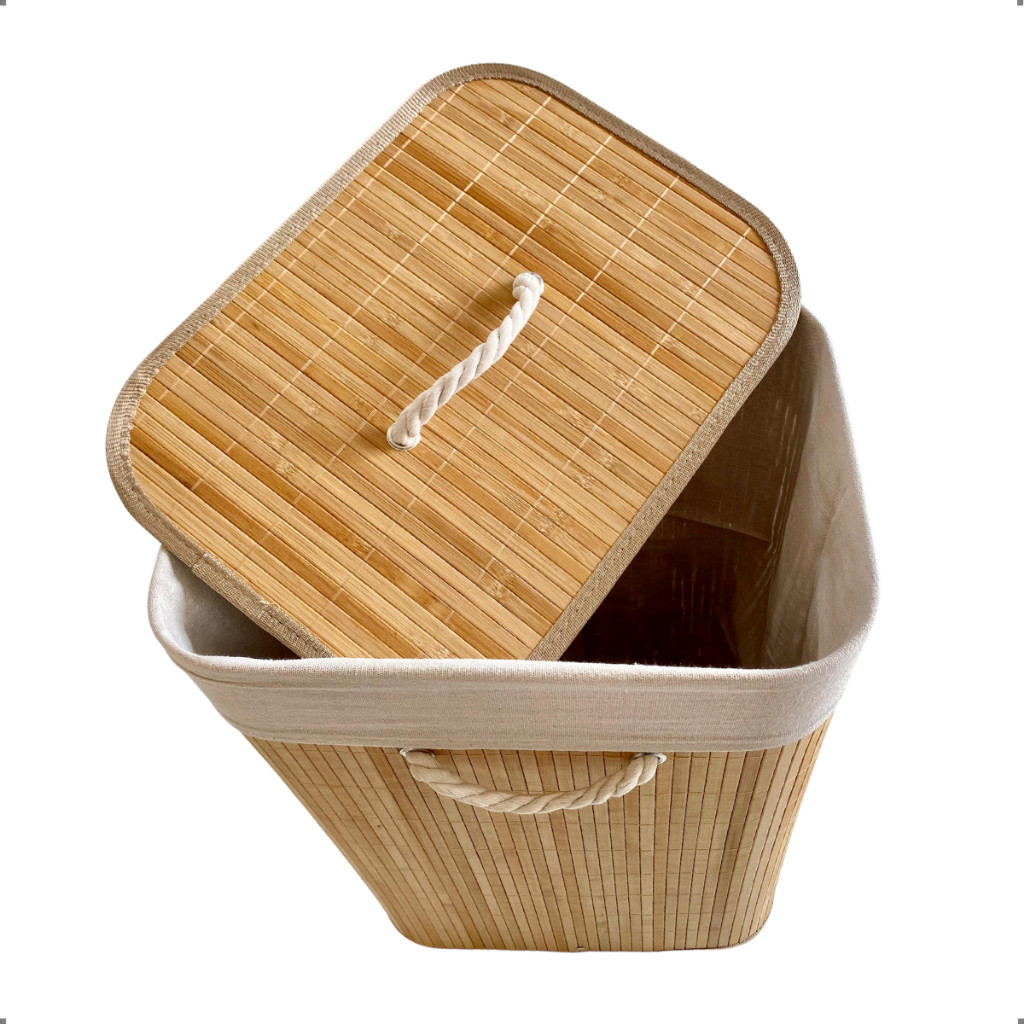 Cesto Roupa Bambu Retangular Redondo Com Tampa Cesto Oraganizador Roupa Suja Alças Banheiro Bege