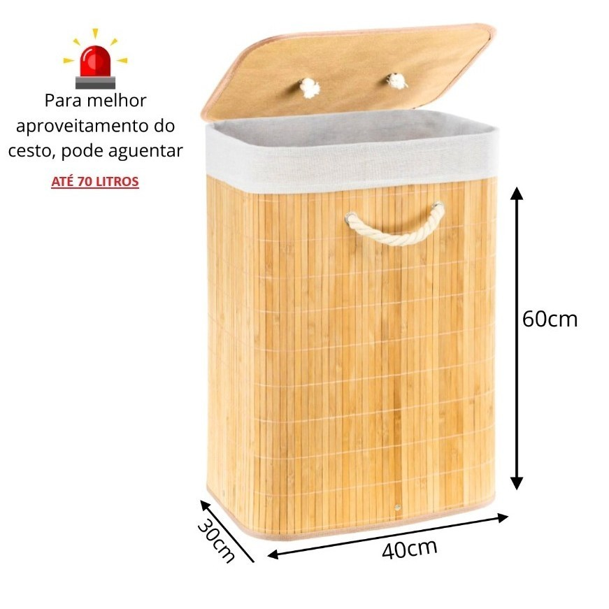 Cesto Roupa Bambu Retangular Redondo Com Tampa Cesto Oraganizador Roupa Suja Alças Banheiro Bege