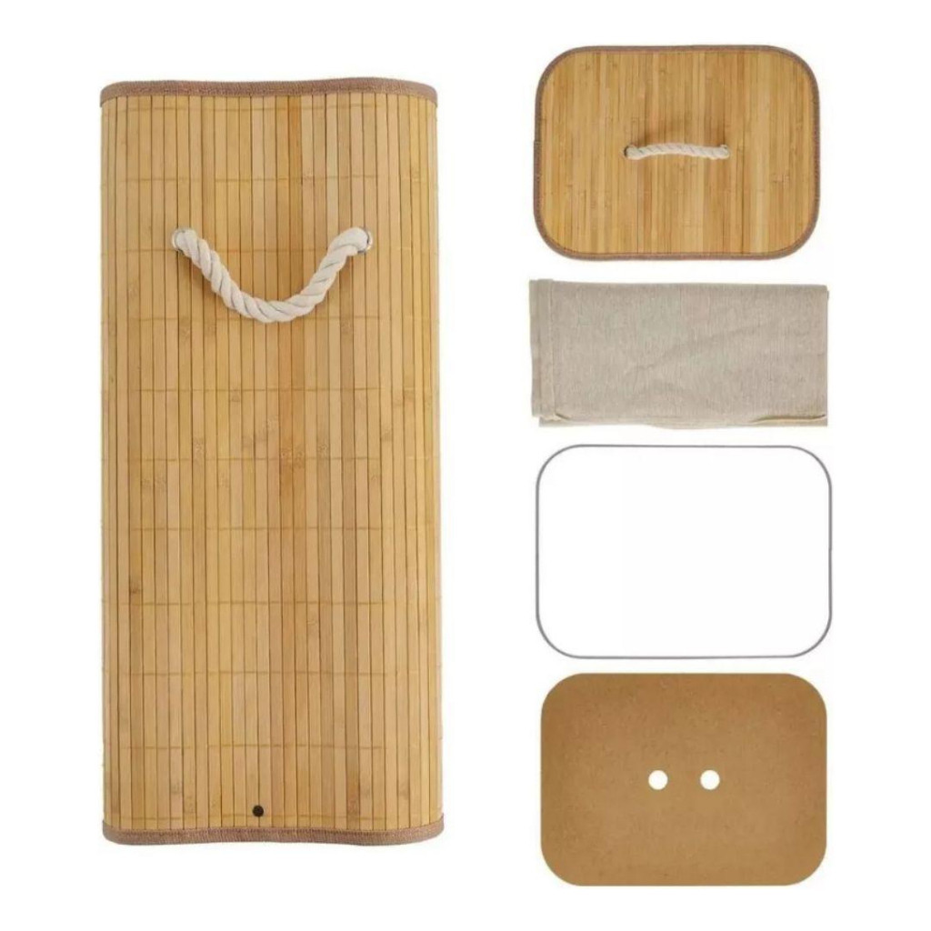 Cesto Roupa Bambu Retangular Redondo Com Tampa Cesto Oraganizador Roupa Suja Alças Banheiro Bege