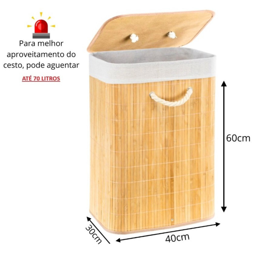 Cesto Roupa Bambu Retangular Redondo Com Tampa Cesto Oraganizador Roupa Suja Alças Banheiro Bege