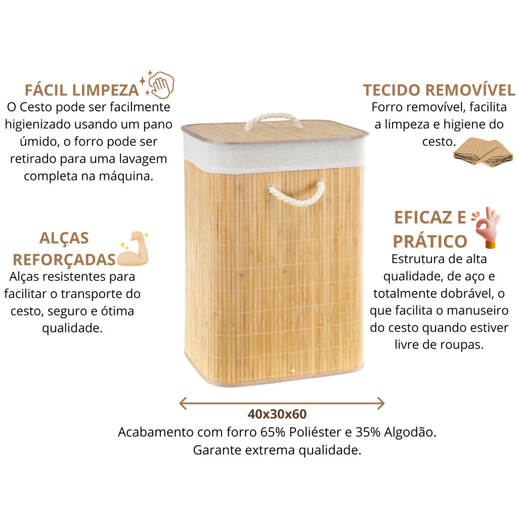 Cesto Roupa Bambu Retangular Redondo Com Tampa Cesto Oraganizador Roupa Suja Alças Banheiro Bege