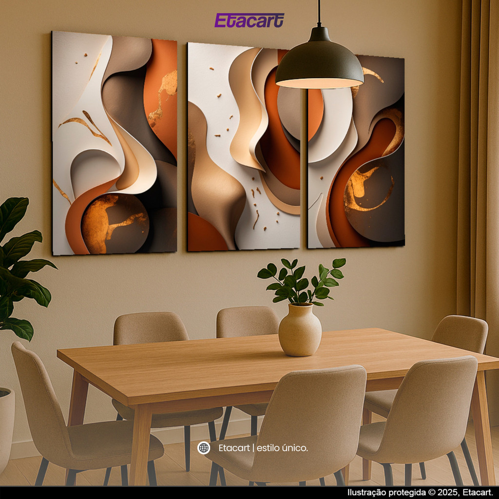 Quadro Decorativo Sala Abstrato Moderno Tons Terroso Formas Orgânica Dourado 180x80 Hall