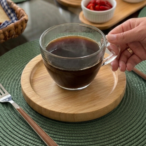 Jogo de 6 Xícaras de Chá e Café 230ml com Pires de Madeira Redondo – Linha Concept